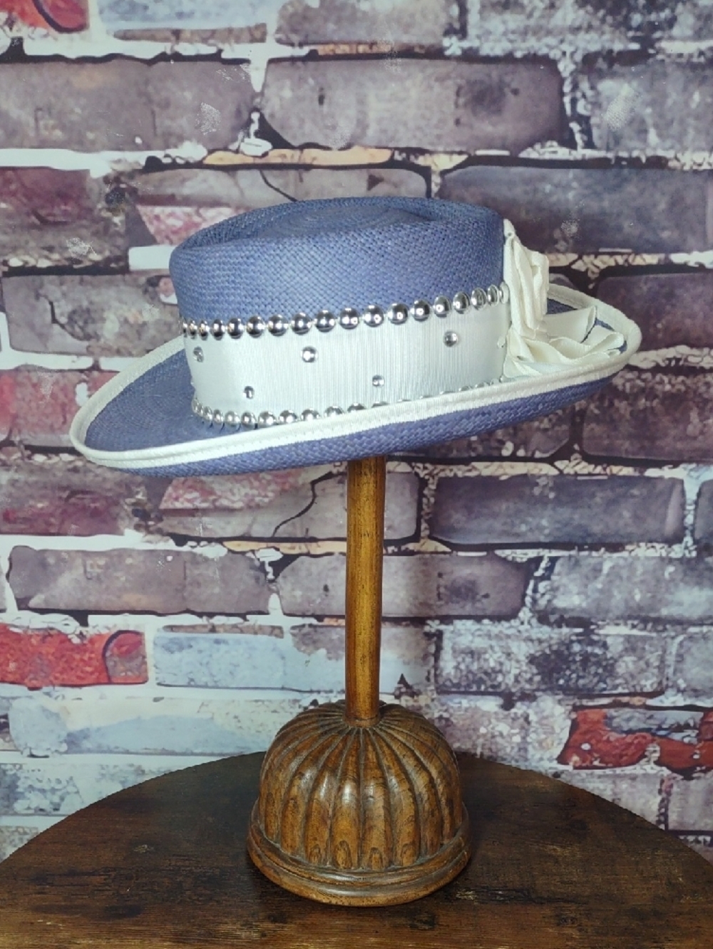 Blue Straw Boater Hat with White Studded Band - Picture 2 of 7